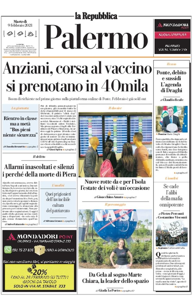 Prima Pagina, La Repubblica-Palermo: “’Anziani, corsa al vaccino. Si prenotano in 40mila”  Prima Pagina, La Repubblica-Palermo: “’Anziani, corsa al vaccino. Si prenotano in 40mila”