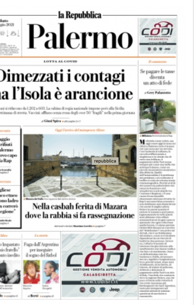 Prima Pagina, La Repubblica Palermo: “Dimezzati i contagi, ma l’Isola è arancione” Prima Pagina, La Repubblica Palermo: “Dimezzati i contagi, ma l’Isola è arancione”