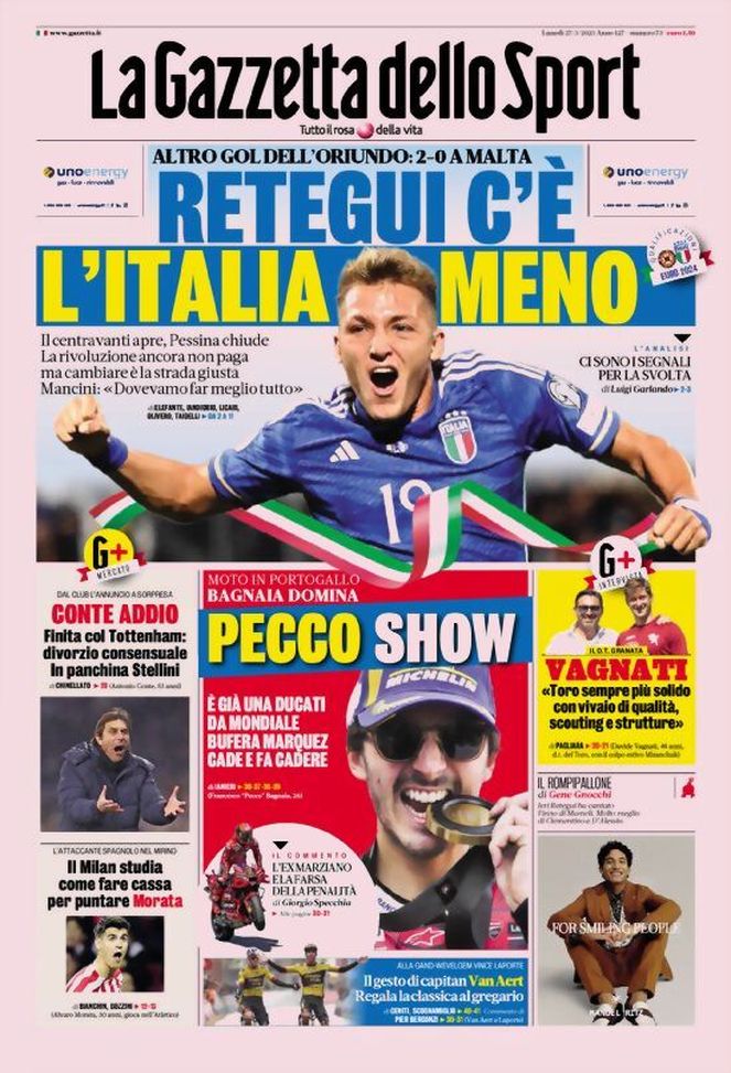 Prima pagina Gazzetta dello Sport 27/03/2023