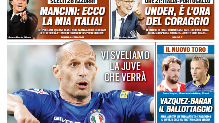 Prima Pagina, Tuttosport: “Il listone di Allegri. Mancini, ecco la mia Italia!” Prima Pagina, Tuttosport: “Il listone di Allegri. Mancini, ecco la mia Italia!”