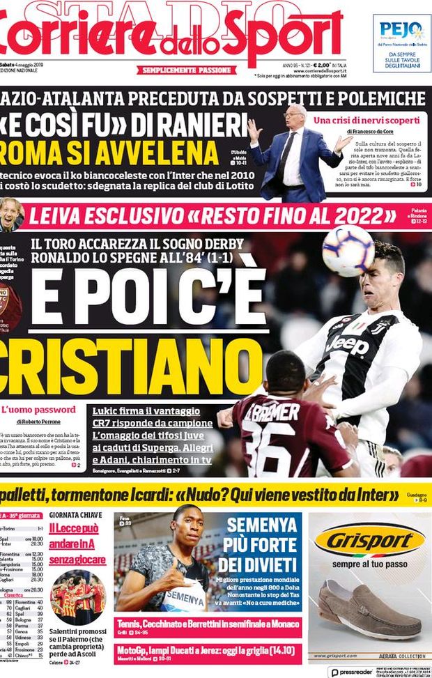 Prima Pagina, Corriere dello Sport: “E poi c’è Cristiano. Roma si avvelena. Spalletti, tormentone Icardi” Prima Pagina, Corriere dello Sport: “E poi c’è Cristiano. Roma si avvelena. Spalletti, tormentone Icardi”