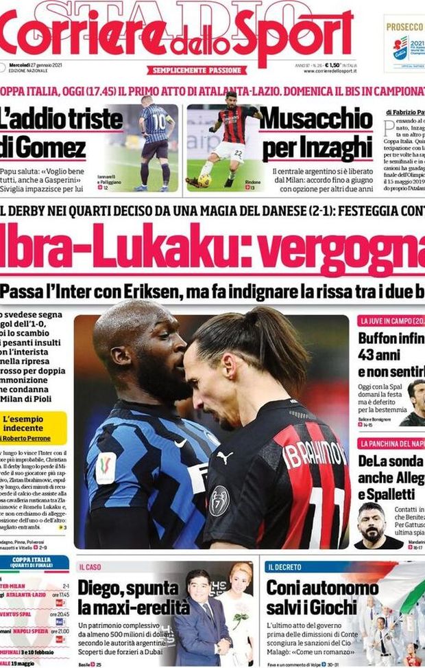 Il Corriere dello Sport, la prima pagina di oggi, mercoledì 27 gennaio 2021 