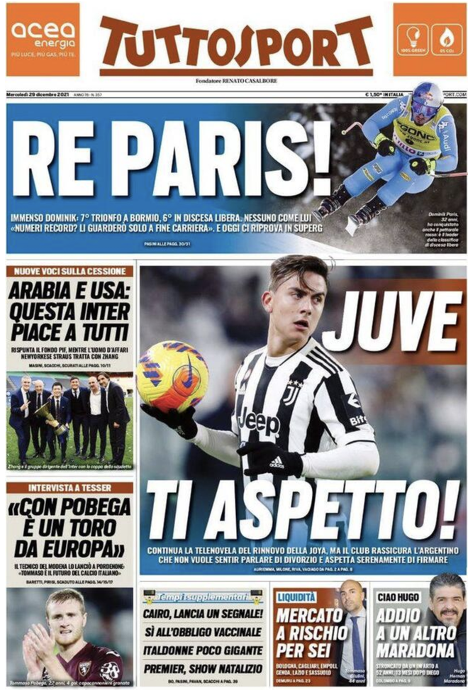 Prima Pagina, Tuttosport: “Dybala, Juve ti aspetto. Arabia e Usa, quest’Inter piace” prima pagina