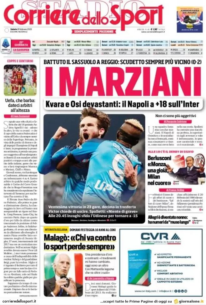 EDICOLA – I marziani: il Napoli batte anche il Sassuolo ed è a +18 sull’Inter - immagine 1