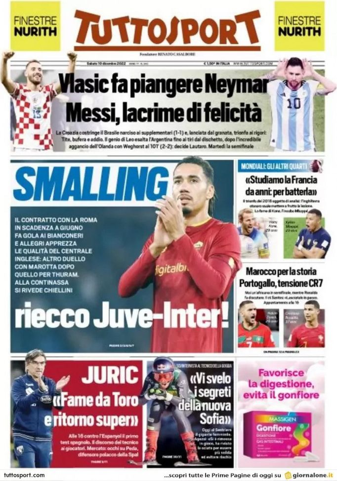 Tuttosport, la prima pagina di oggi, venerdì 10 dicembre 2022