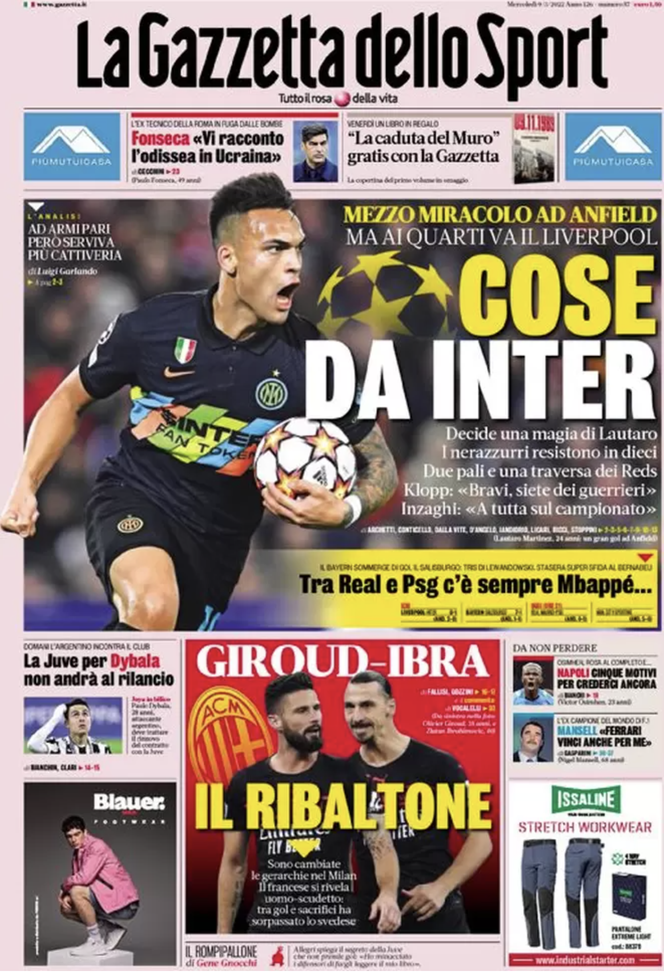 Prima Pagina, La Gazzetta dello Sport: “Cose da Inter. Giroud-Ibra, il ribaltone”  prima pagina