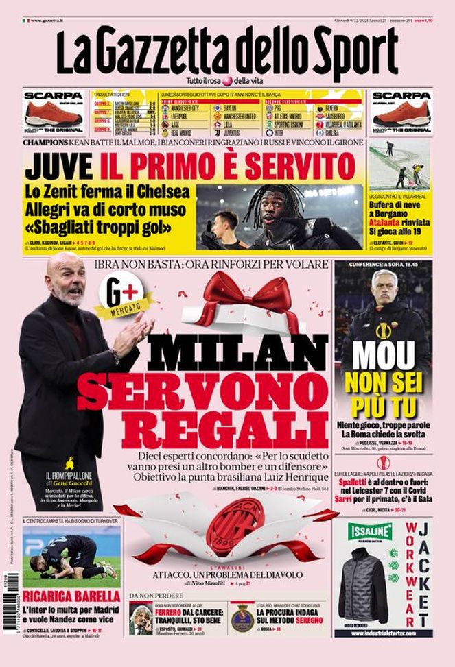 Prima Pagina, La Gazzetta dello Sport: “Milan, servono regali. Mou, non sei più tu” - immagine 1