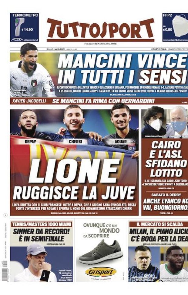 Prima Pagina, Tuttosport: “Lione, ruggisce la Juve. Mancini vince in tutti i Sensi. Milan, il piano Ilicic” 