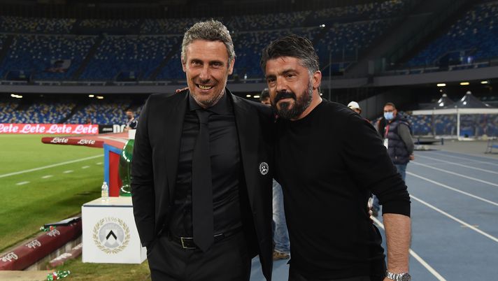 NAPLES, ITALY - MAY 11: (L - R) Luca Gotti, Head Coach of Udinese Calcio poses for a photo with Gennaro Gattuso, Head Coach of SSC Napoli prior to the Serie A match between SSC Napoli and Udinese Calcio at Stadio Diego Armando Maradona on May 11, 2021 in Naples, Italy. Sporting stadiums around Italy remain under strict restrictions due to the Coronavirus Pandemic as Government social distancing laws prohibit fans inside venues resulting in games being played behind closed doors. (Photo by Francesco Pecoraro/Getty Images) NAPLES, ITALY - MAY 11: (L - R) Luca Gotti, Head Coach of Udinese Calcio poses for a photo with Gennaro Gattuso, Head Coach of SSC Napoli prior to the Serie A match between SSC Napoli and Udinese Calcio at Stadio Diego Armando Maradona on May 11, 2021 in Naples, Italy. Sporting stadiums around Italy remain under strict restrictions due to the Coronavirus Pandemic as Government social distancing laws prohibit fans inside venues resulting in games being played behind closed doors. (Photo by Francesco Pecoraro/Getty Images)