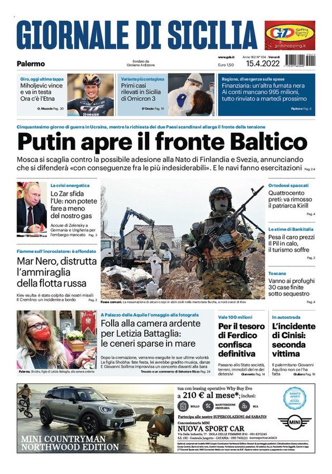 Prima Pagina, Giornale di Sicilia: “Putin apre il fronte Baltico” Prima Pagina, Giornale di Sicilia: “Putin apre il fronte Baltico” - immagine 1