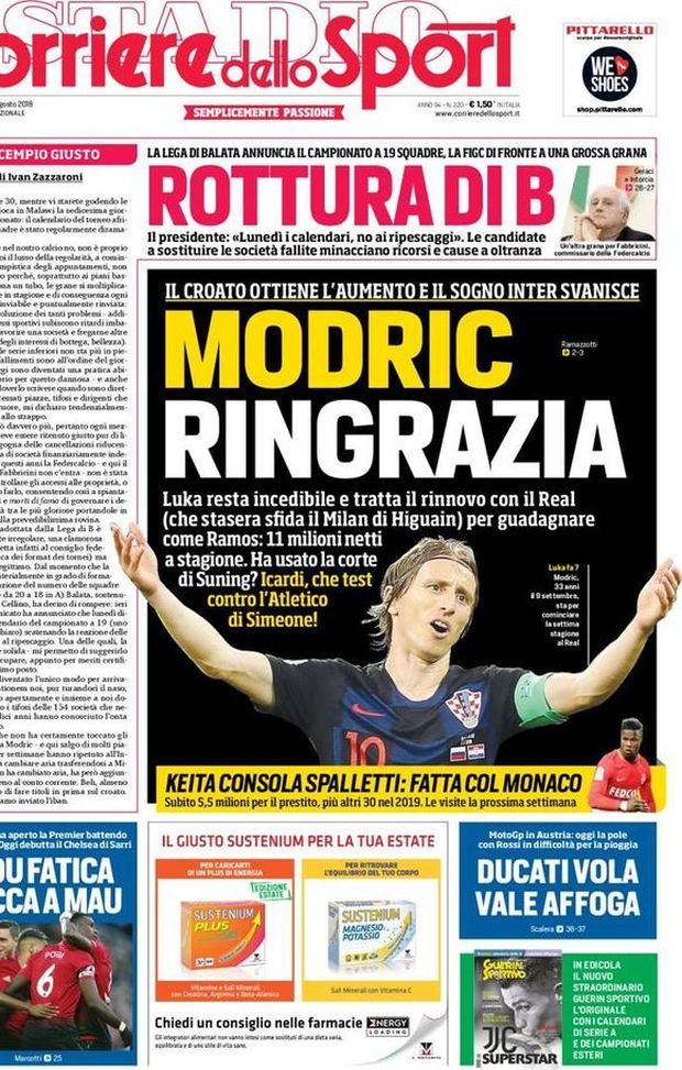 Prima Pagina, Corriere dello Sport: “Modric ringrazia, Keita consola Spalletti. Rottura di B. Mou fatica, tocca a Mau…” Prima Pagina, Corriere dello Sport: “Modric ringrazia, Keita consola Spalletti. Rottura di B. Mou fatica, tocca a Mau…”