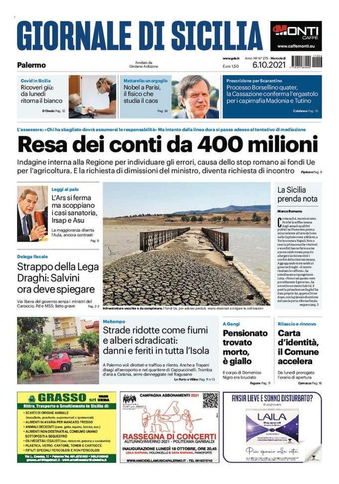 Prima Pagina, Giornale di Sicilia: “Resa dei conti da 400 milioni” - immagine 1