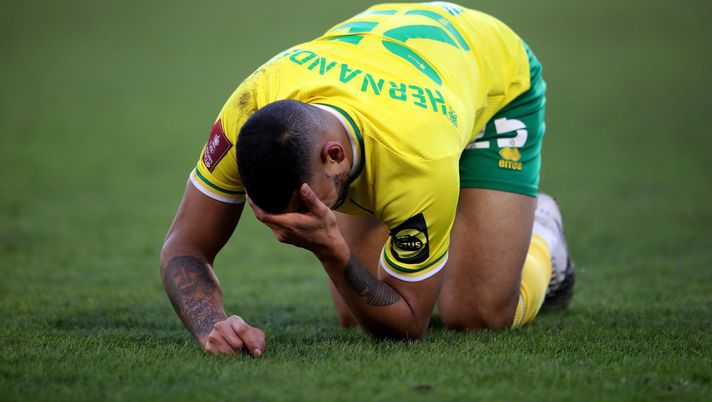 BARNSLEY, ENGLAND - JANUARY 23: Onel Hernandez of Norwich City reacts during The Emirates FA Cup Fourth Round match between Barnsley and Norwich City at Oakwell Stadium on January 23, 2021 in Barnsley, England. Sporting stadiums around the UK remain under strict restrictions due to the Coronavirus Pandemic as Government social distancing laws prohibit fans inside venues resulting in games being played behind closed doors. (Photo by Alex Pantling/Getty Images) BARNSLEY, ENGLAND - JANUARY 23: Onel Hernandez of Norwich City reacts during The Emirates FA Cup Fourth Round match between Barnsley and Norwich City at Oakwell Stadium on January 23, 2021 in Barnsley, England. Sporting stadiums around the UK remain under strict restrictions due to the Coronavirus Pandemic as Government social distancing laws prohibit fans inside venues resulting in games being played behind closed doors. (Photo by Alex Pantling/Getty Images)
