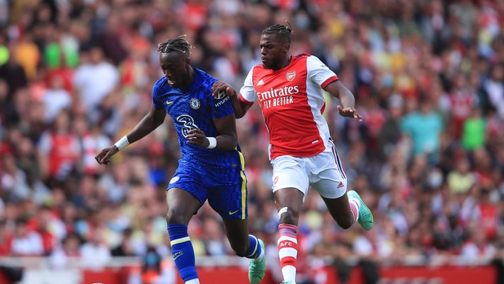 LONDON, ENGLAND - AUGUST 01: Tammy Abraham of Chelsea in action with Nuno Tavares of Arsenal during the Pre Season Friendly between Arsenal and Chelsea at Emirates Stadium on August 1, 2021 in London, England. (Photo by Marc Atkins/Getty Images) LONDON, ENGLAND - AUGUST 01: Tammy Abraham of Chelsea in action with Nuno Tavares of Arsenal during the Pre Season Friendly between Arsenal and Chelsea at Emirates Stadium on August 1, 2021 in London, England. (Photo by Marc Atkins/Getty Images)