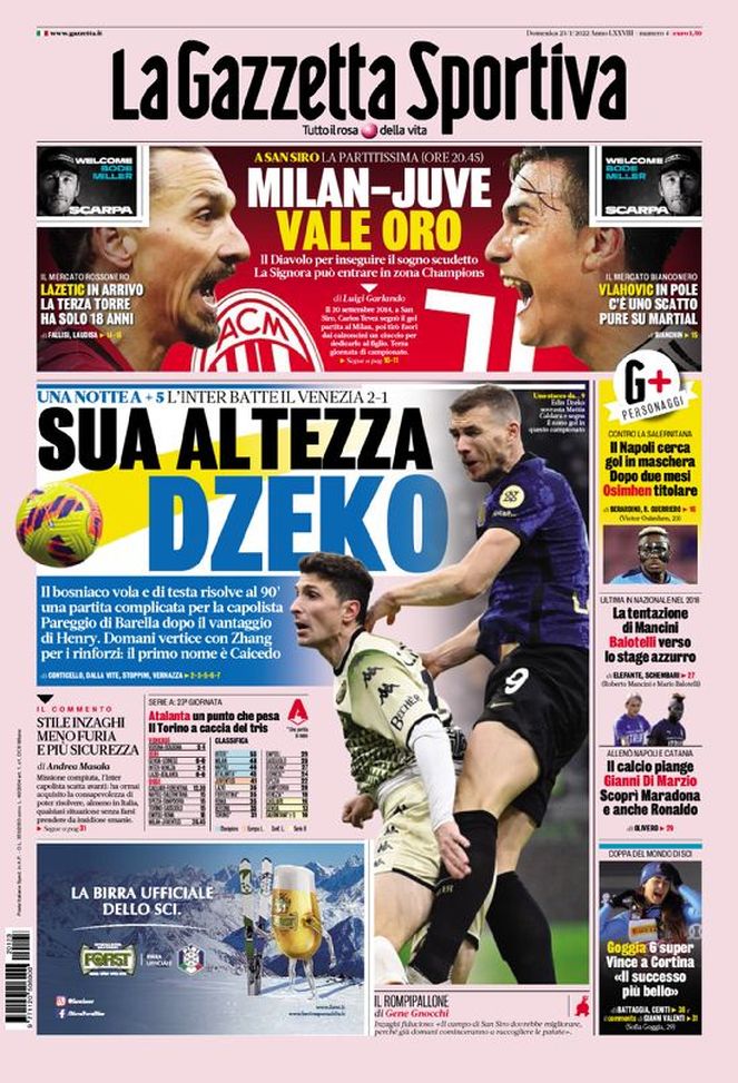 Prima Pagina, La Gazzetta dello Sport: “Sua altezza Dzeko. Milan-Juve vale oro” - immagine 1