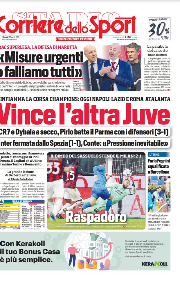 Prima Pagina, Corriere dello Sport: “Vince l’altra Juve. S’infiamma la zona Champions. Raspadoro” 