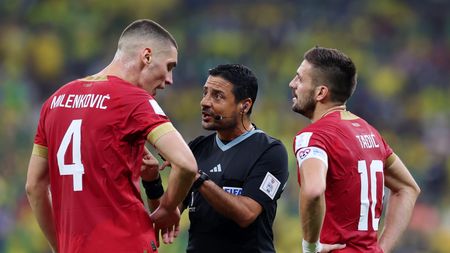 LUSAIL CITY, QATAR - NOVEMBER 24: Referee Alireza Faghani speaks with Nikola Milenkovic (L) and Dusan Tadic of Serbia during the FIFA World Cup Qatar 2022 Group G match between Brazil and Serbia at Lusail Stadium on November 24, 2022 in Lusail City, Qatar. (Photo by Francois Nel/Getty Images)