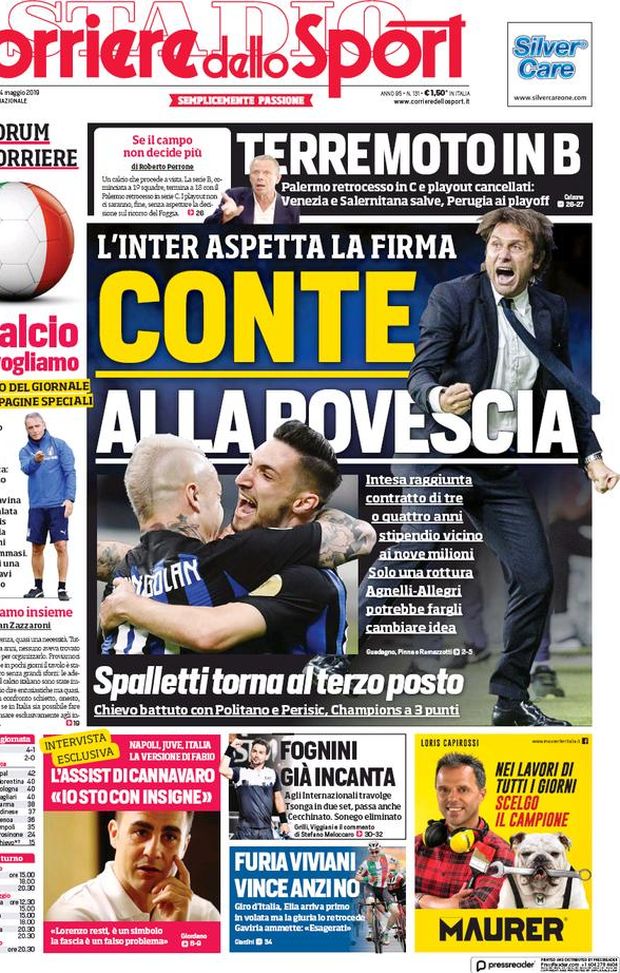 Prima Pagina, Corriere dello Sport: “Conte alla rovescia. Terremoto in B: Palermo retrocesso in C” Prima Pagina, Corriere dello Sport: “Conte alla rovescia. Terremoto in B: Palermo retrocesso in C”