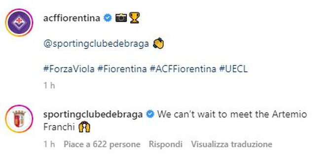 Braga sui social: “Ciao, Fiorentina! Non vediamo l’ora di conoscere il Franchi”- immagine 2