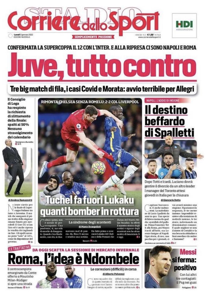 Prima Pagina, Corriere dello Sport: “Juve, tutto contro. Roma, l’idea è Ndombele” - immagine 1