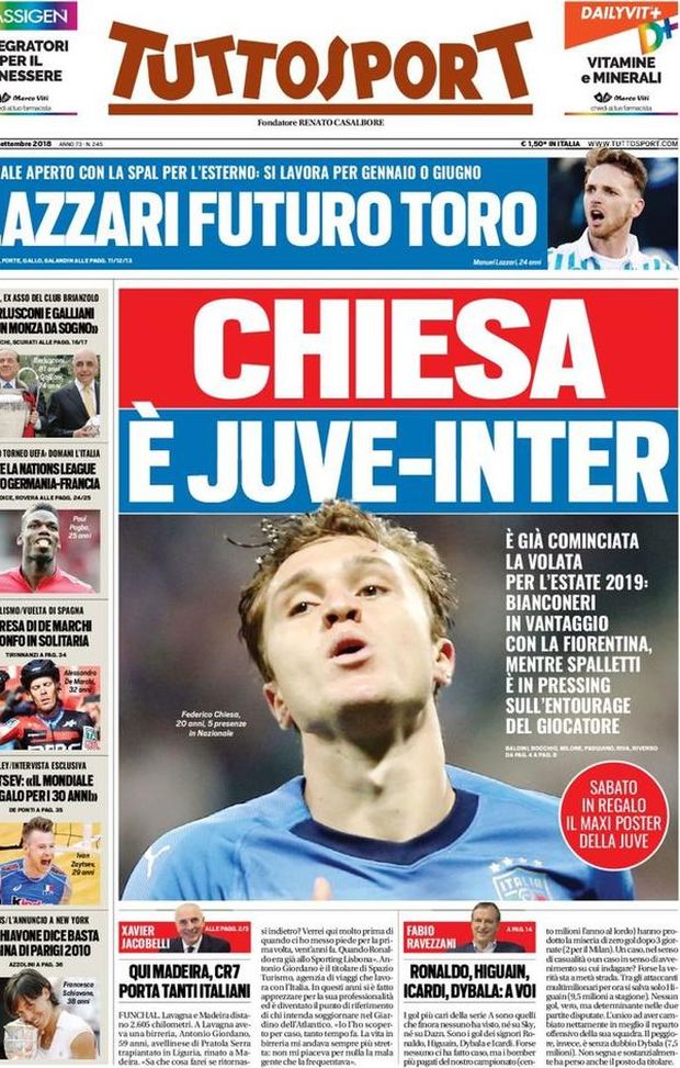 Prima Pagina, Tuttosport: “Chiesa, è Juve-Inter. Lazzari futuro Toro. Parte la Nations League…” Prima Pagina, Tuttosport: “Chiesa, è Juve-Inter. Lazzari futuro Toro. Parte la Nations League…”