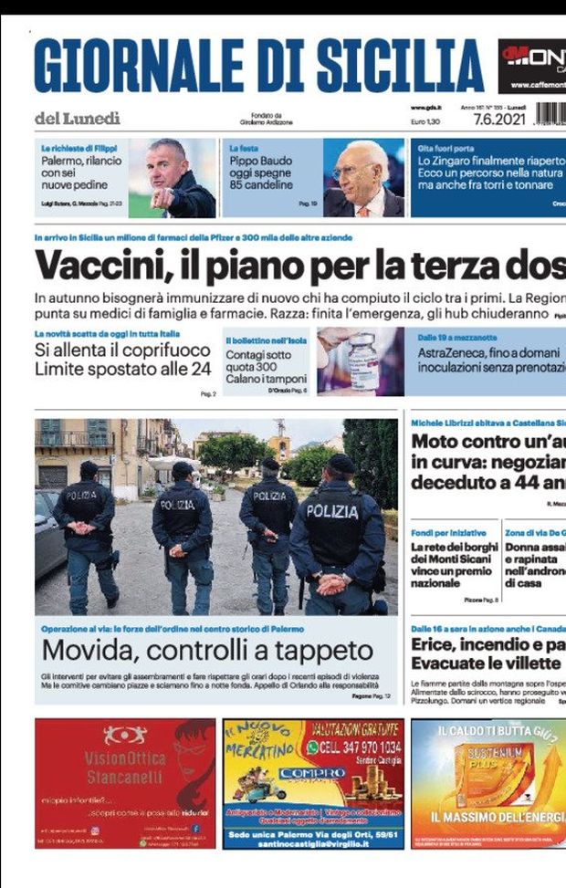 Prima Pagina, Giornale di Sicilia: “Vaccini, il piano per la terza dose” Prima Pagina, Giornale di Sicilia: “Vaccini, il piano per la terza dose”