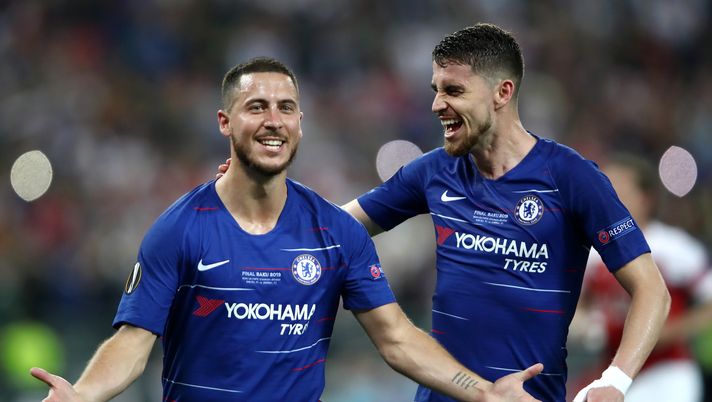 BAKU, AZERBAIJAN - MAY 29:  Eden Hazard of Chelsea celebrates after scoring his team's third goal with Jorginho of Chelsea during the UEFA Europa League Final between Chelsea and Arsenal at Baku Olimpiya Stadionu on May 29, 2019 in Baku, Azerbaijan. (Photo by Alex Grimm/Getty Images) 
