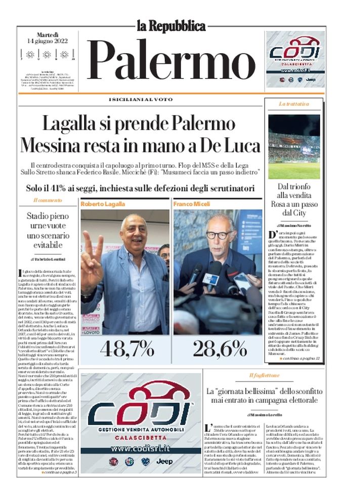 Prima Pagina, La Repubblica-Palermo: “Dal trionfo alla vendita, rosa ad un passo dal City” Prima Pagina