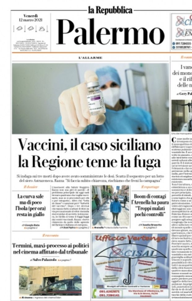 Prima Pagina, La Repubblica Palermo: “Vaccini, il caso siciliano. La Regione teme la fuga” 