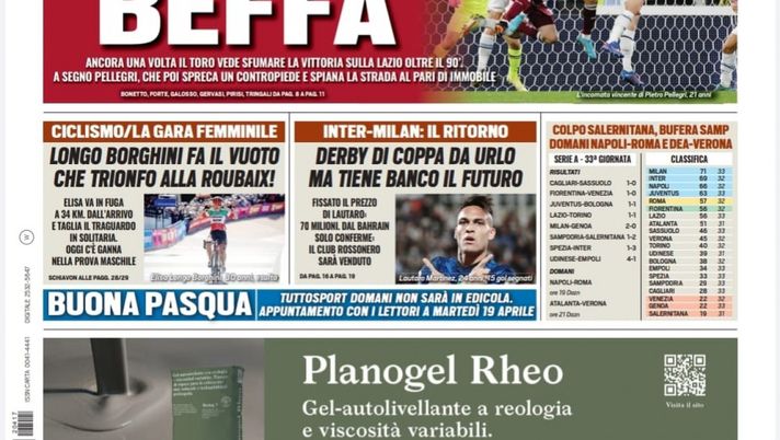 Prima Pagina, Tuttosport: “Un sacchi brutto! Solita beffa. Derby di Coppa da urlo” - immagine 1
