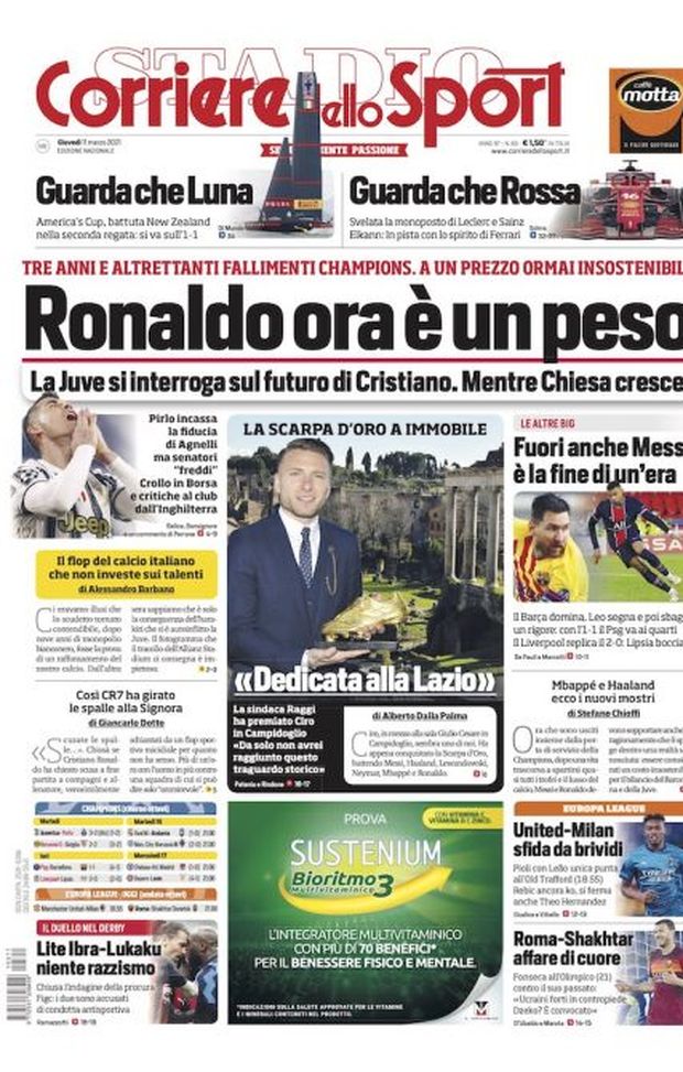 Prima Pagina, Corriere dello Sport: “Ronaldo ora è un peso. Fuori anche Messi, è la fine di un’era” Prima Pagina, Corriere dello Sport: “Ronaldo ora è un peso. Fuori anche Messi, è la fine di un’era”