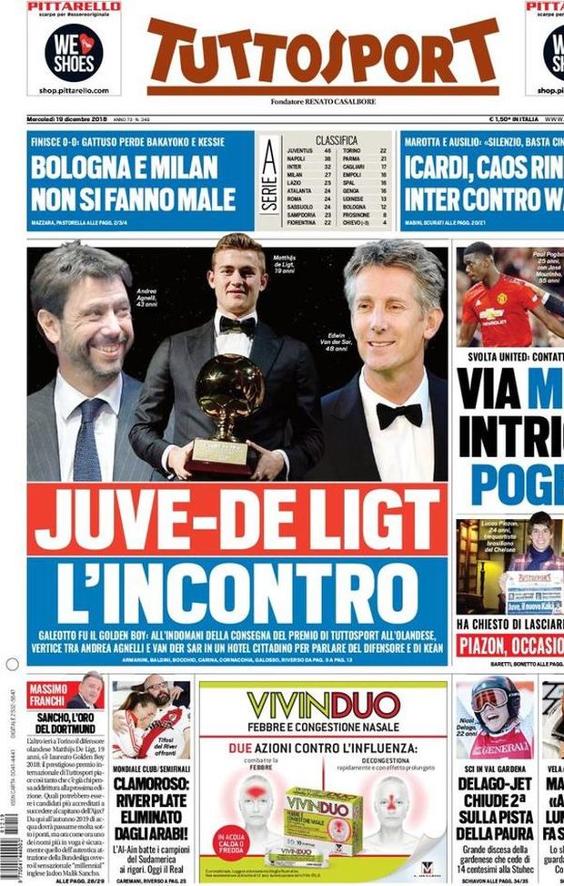 Prima Pagina, Tuttosport: “Juve-De Ligt, l’incontro. Via Mou, intrigo Pogba. Icardi, caos rinnovo…” Prima Pagina, Tuttosport: “Juve-De Ligt, l’incontro. Via Mou, intrigo Pogba. Icardi, caos rinnovo…”