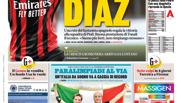 Prima Pagina, La Gazzetta dello Sport: &#8220;Milan, vai con Diaz. CR7, Pep ti guarda&#8221; 