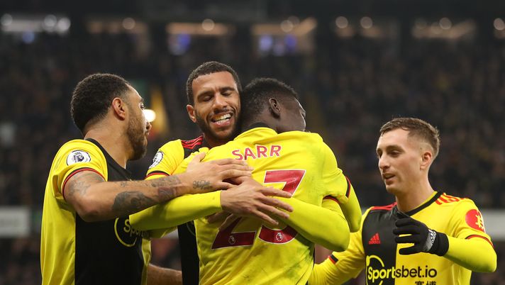 WATFORD, ENGLAND - DECEMBER 28: Ismaila Sarr of Watford celebrates after scoring his sides third goal with teammates during the Premier League match between Watford FC and Aston Villa at Vicarage Road on December 28, 2019 in Watford, United Kingdom. (Photo by Catherine Ivill/Getty Images) WATFORD, ENGLAND - DECEMBER 28: Ismaila Sarr of Watford celebrates after scoring his sides third goal with teammates during the Premier League match between Watford FC and Aston Villa at Vicarage Road on December 28, 2019 in Watford, United Kingdom. (Photo by Catherine Ivill/Getty Images)