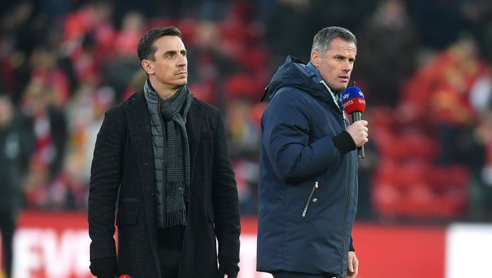 LIVERPOOL, ENGLAND - JANUARY 19: Sky Sports Pundits Gary Neville and Jamie Carragher are seen on the pitch prior to the Premier League match between Liverpool FC and Manchester United at Anfield on January 19, 2020 in Liverpool, United Kingdom. (Photo by Michael Regan/Getty Images) 