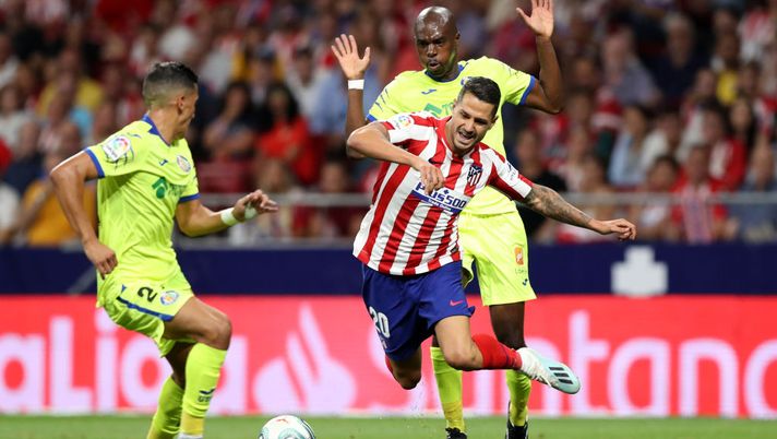 MADRID, SPAIN - AUGUST 18: Vitolo of Atletico Madrid is tripped by Allan Nyom of Getafe during the Liga match between Club Atletico de Madrid and Getafe CF at Wanda Metropolitano on August 18, 2019 in Madrid, Spain. (Photo by Angel Martinez/Getty Images) MADRID, SPAIN - AUGUST 18: Vitolo of Atletico Madrid is tripped by Allan Nyom of Getafe during the Liga match between Club Atletico de Madrid and Getafe CF at Wanda Metropolitano on August 18, 2019 in Madrid, Spain. (Photo by Angel Martinez/Getty Images)