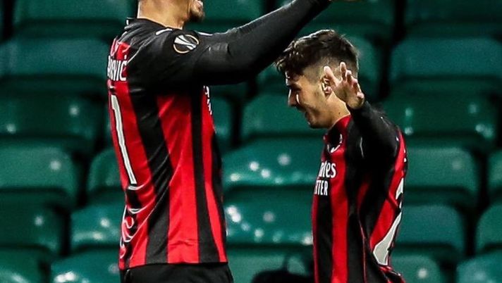Brahim Diaz e Zlatan Ibrahimovic (AC Milan) festeggiano il gol 