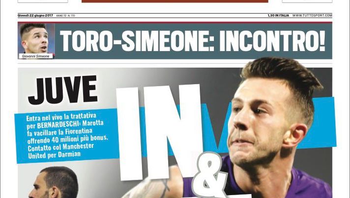 Prima Pagina, Tuttosport: “Juventus, Bernadeschi-Darmian in e Bonucci out. Toro-Simeone: incontro”  Prima Pagina, Tuttosport: “Juventus, Bernadeschi-Darmian in e Bonucci out. Toro-Simeone: incontro”