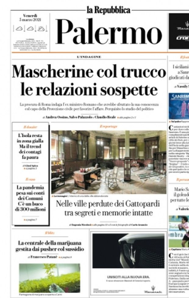 Prima Pagina, La Repubblica-Palermo: “Mascherine col trucco, le relazioni sospette”  Prima Pagina, La Repubblica-Palermo: “Mascherine col trucco, le relazioni sospette”
