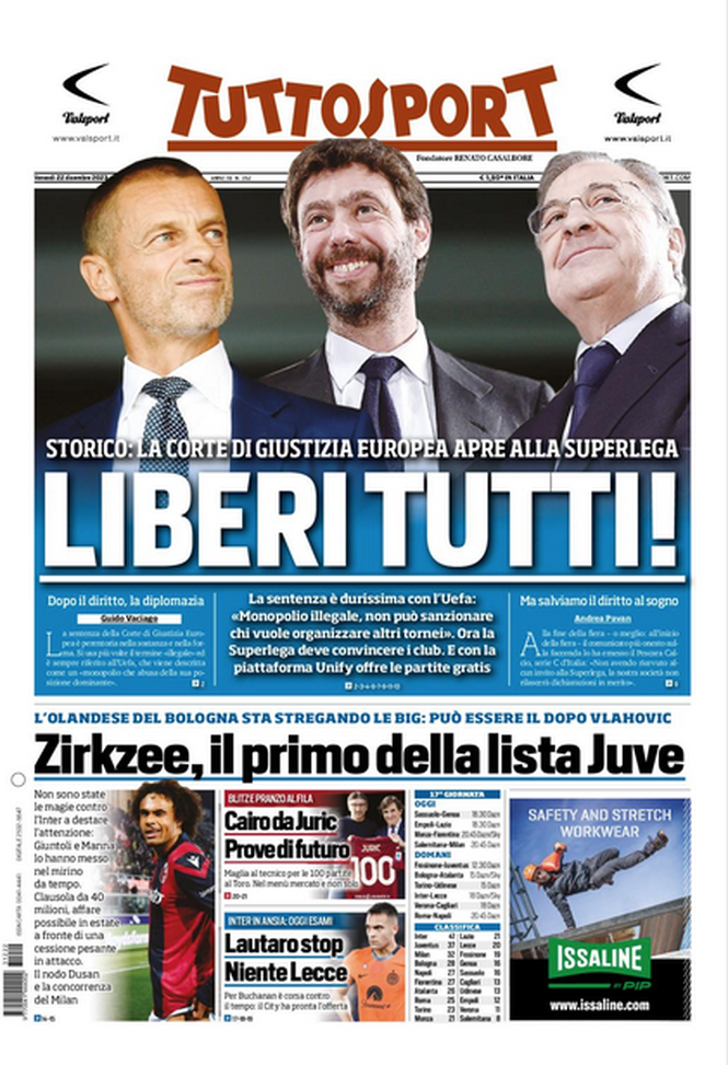 La prima pagina di Tuttosport 22/12/2023