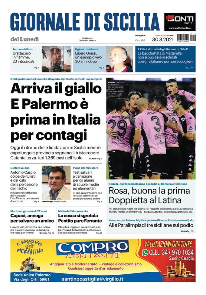 Prima Pagina, Giornale di Sicilia: “Arriva il giallo, Palermo prima per contagi” 