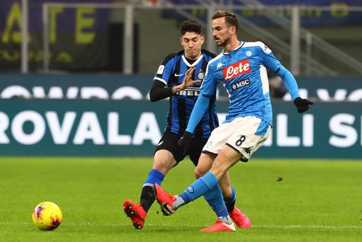 MILAN, ITALY - FEBRUARY 12: Alessandro Bastoni of FC Internazionale competes for the ball with Fabian Ruiz of SSC Napoli during the Coppa Italia Semi Final match between FC Internazionale and SSC Napoli at Stadio Giuseppe Meazza on February 12, 2020 in Milan, Italy. (Photo by Marco Luzzani - Inter/Inter via Getty Images) MILAN, ITALY - FEBRUARY 12: Alessandro Bastoni of FC Internazionale competes for the ball with Fabian Ruiz of SSC Napoli during the Coppa Italia Semi Final match between FC Internazionale and SSC Napoli at Stadio Giuseppe Meazza on February 12, 2020 in Milan, Italy. (Photo by Marco Luzzani - Inter/Inter via Getty Images)