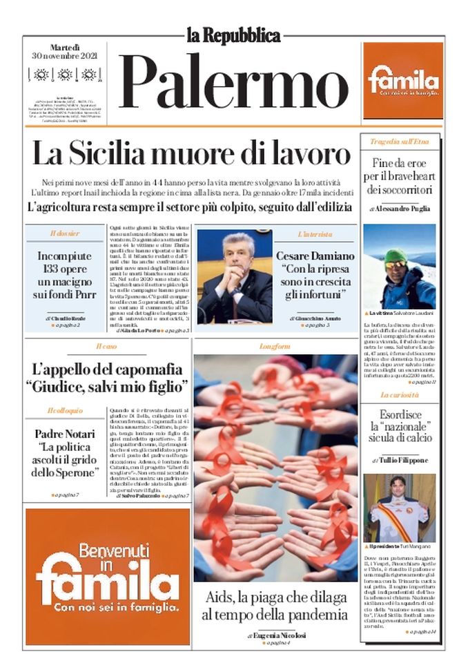 Prima Pagina, La Repubblica-Palermo: &#8220;La Sicilia muore di lavoro&#8221; 