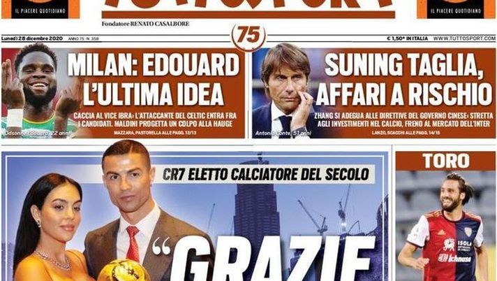 Tuttosport, la prima pagina di oggi, lunedì 28 dicembre 2020 