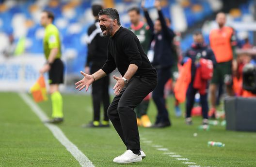 NAPLES, ITALY - APRIL 03: Gennaro Gattuso SSC Napoli reacts coach during the Serie A match between SSC Napoli and FC Crotone at Stadio Diego Armando Maradona on April 03, 2021 in Naples, Italy. Sporting stadiums around Italy remain under strict restrictions due to the Coronavirus Pandemic as Government social distancing laws prohibit fans inside venues resulting in games being played behind closed doors. (Photo by Francesco Pecoraro/Getty Images) NAPLES, ITALY - APRIL 03: Gennaro Gattuso SSC Napoli reacts coach during the Serie A match between SSC Napoli and FC Crotone at Stadio Diego Armando Maradona on April 03, 2021 in Naples, Italy. Sporting stadiums around Italy remain under strict restrictions due to the Coronavirus Pandemic as Government social distancing laws prohibit fans inside venues resulting in games being played behind closed doors. (Photo by Francesco Pecoraro/Getty Images)