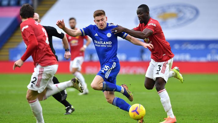 LEICESTER, ENGLAND - DECEMBER 26: Harvey Barnes of Leicester City is challenged by Eric Bailly of Manchester United during the Premier League match between Leicester City and Manchester United at The King Power Stadium on December 26, 2020 in Leicester, England. The match will be played without fans, behind closed doors as a Covid-19 precaution. (Photo by Glyn Kirk - Pool/Getty Images) LEICESTER, ENGLAND - DECEMBER 26: Harvey Barnes of Leicester City is challenged by Eric Bailly of Manchester United during the Premier League match between Leicester City and Manchester United at The King Power Stadium on December 26, 2020 in Leicester, England. The match will be played without fans, behind closed doors as a Covid-19 precaution. (Photo by Glyn Kirk - Pool/Getty Images)