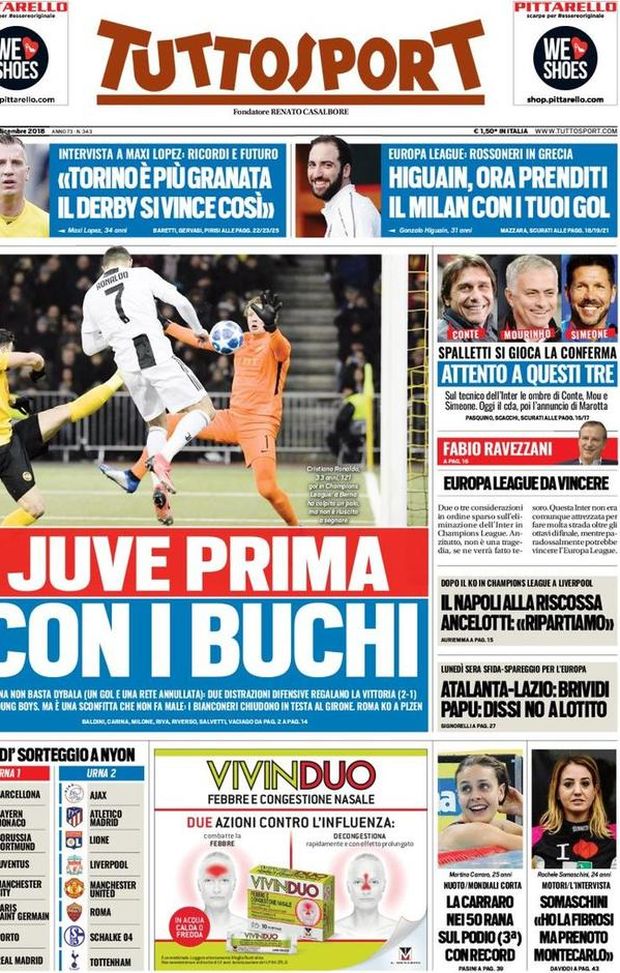 Prima Pagina, Tuttosport: “Juve prima con i buchi. Higuain prenditi il Milan. Attento a questi tre, Spalletti…” Prima Pagina, Tuttosport: “Juve prima con i buchi. Higuain prenditi il Milan. Attento a questi tre, Spalletti…”