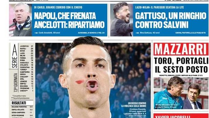 Prima Pagina, Tuttosport: “CR+8. Napoli, che frenata. Gattuso, un Ringhio contro Salvini…” 