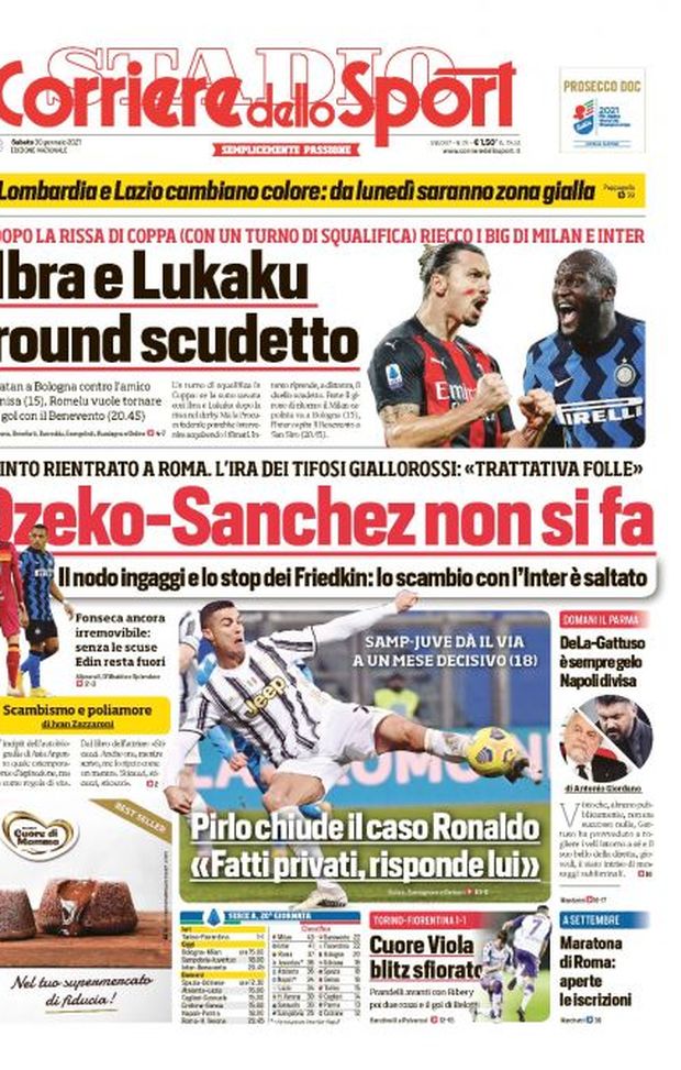 Prima Pagina, Corriere dello Sport: “Dzeko-Sanchez non si fa. Ibra e Lukaku, round scudetto” 