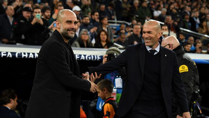 MADRID, SPAIN - FEBRUARY 26: Pep Guardiola, Manager of Manchester City shakes hands with Zinedine Zidane, Manager of Real Madrid prior to the UEFA Champions League round of 16 first leg match between Real Madrid and Manchester City at Bernabeu on February 26, 2020 in Madrid, Spain. (Photo by David Ramos/Getty Images) MADRID, SPAIN - FEBRUARY 26: Pep Guardiola, Manager of Manchester City shakes hands with Zinedine Zidane, Manager of Real Madrid prior to the UEFA Champions League round of 16 first leg match between Real Madrid and Manchester City at Bernabeu on February 26, 2020 in Madrid, Spain. (Photo by David Ramos/Getty Images)